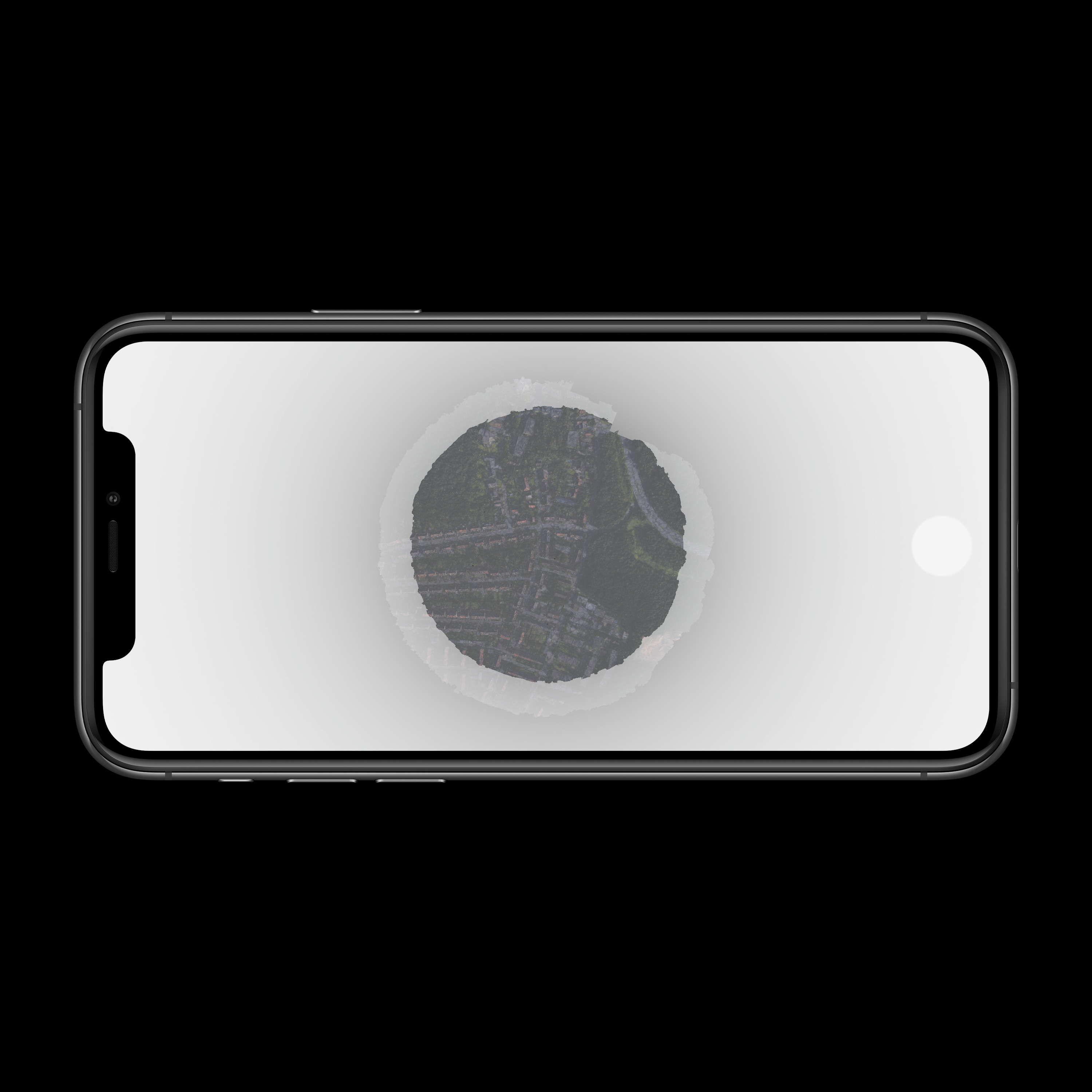smartphone with circular landscape viewd from the top, disapperaing into fog
